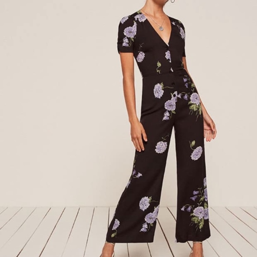 Reformation France Jumpsuit in Regalia, Black with Lavender Floral Print, Size 0